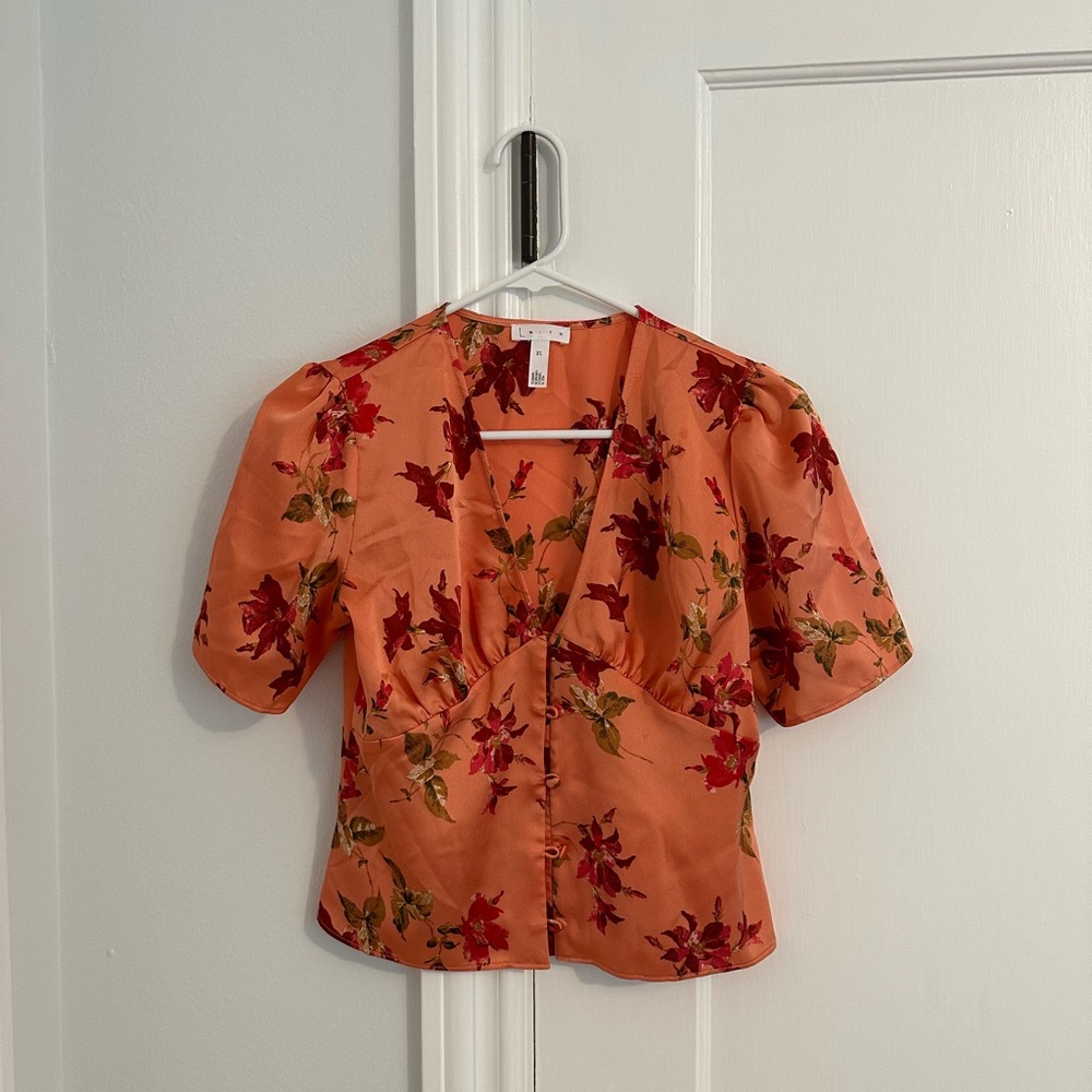 Silky loveshackfancy vibes top, Topshop, coral floral pattern button front